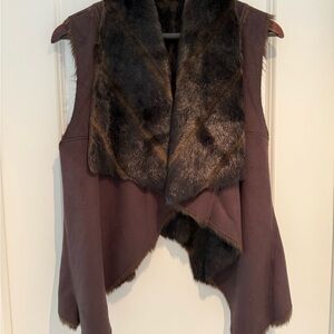 White House/Black Market Faux Fur/Suede Trim Draped Vest - Dark Brown